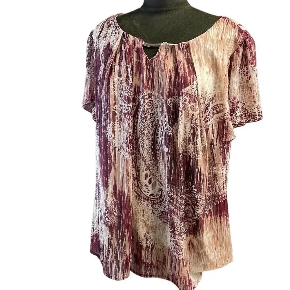 SARA MICHELLE Women’s Paisley Floral Dressy Blouse Gold Metallic Threads Size 2X